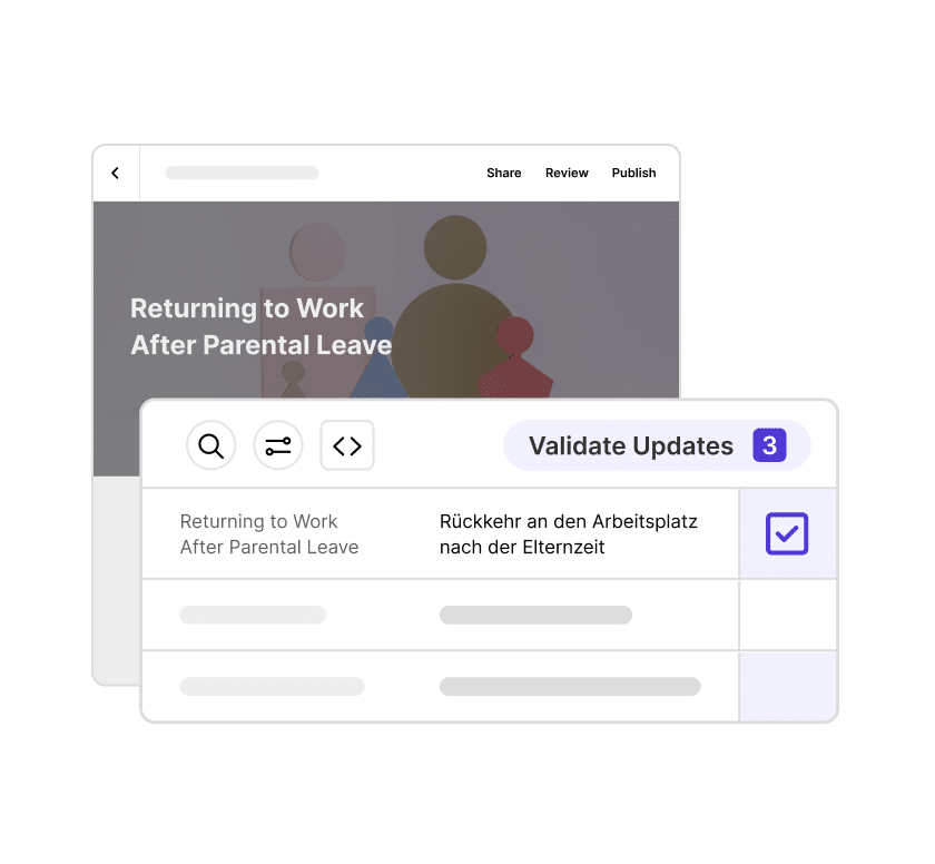 Articulate 360 interface showing that you can review a translated course in context and compare the original text to translations while editing them.