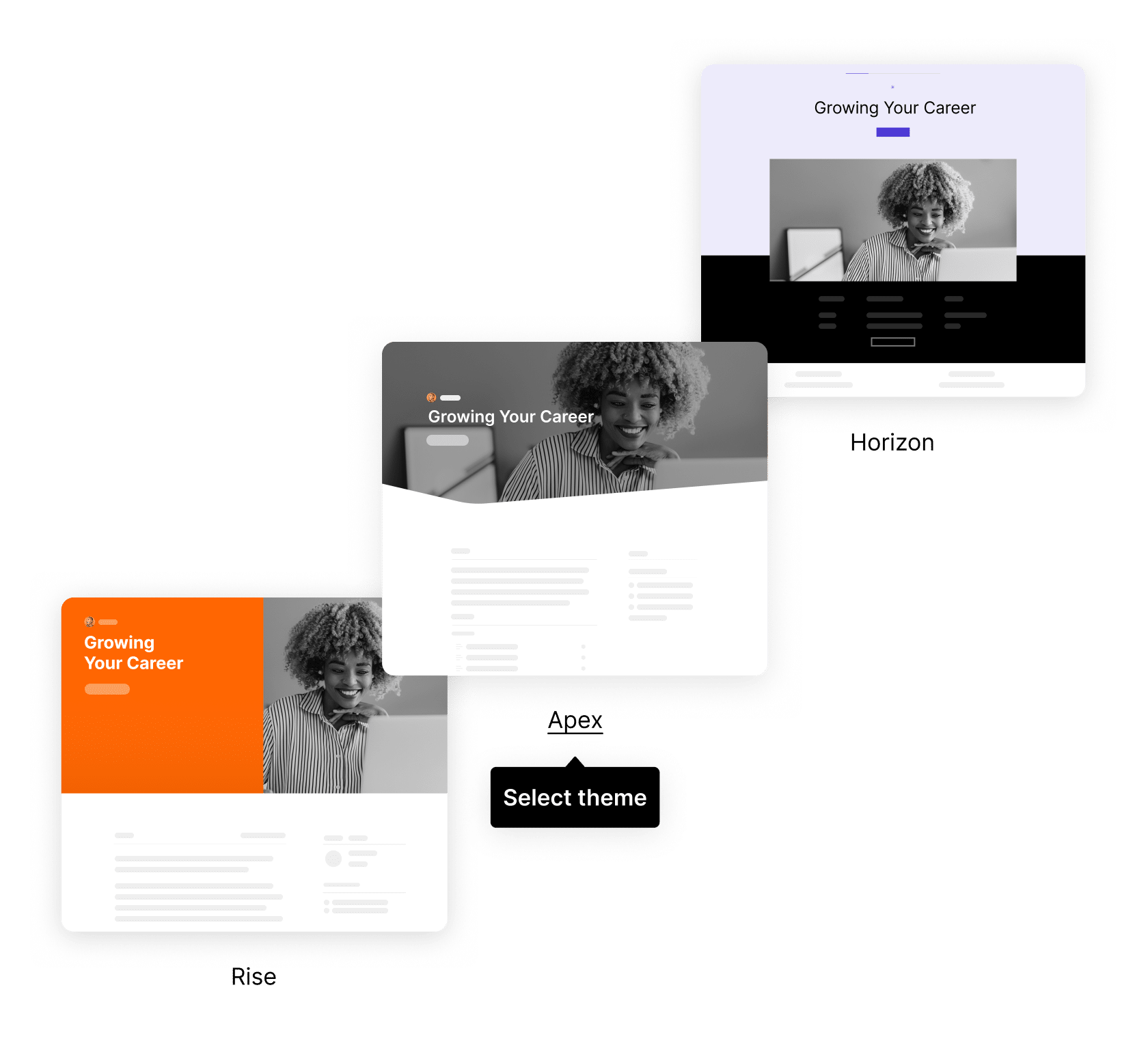 Three course theme options to showcase that you can apply pre-built visual styles to a course with a single click.