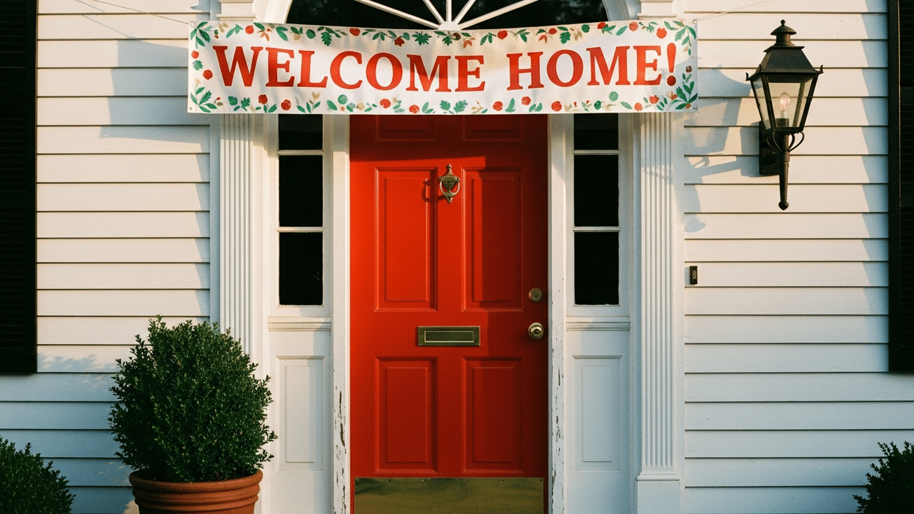 The legacy model generated image shows a white house with a red door, but it’s off-center, and half of the window and shutter are missing. The banner includes the correct text, but it's hanging on the house and door. The image created in the new model is centered and shows a white house with a red door. The text is correct, and the banner is hanging across the door as requested in the prompt.