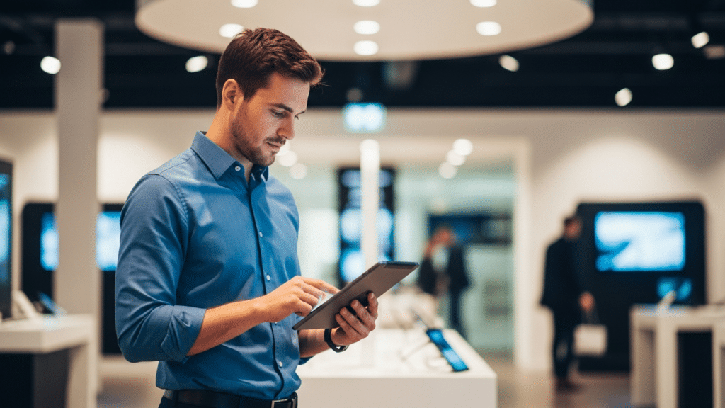 Man reviewing a tablet while standing in a modern retail showroom with digital displays and devices in the background.