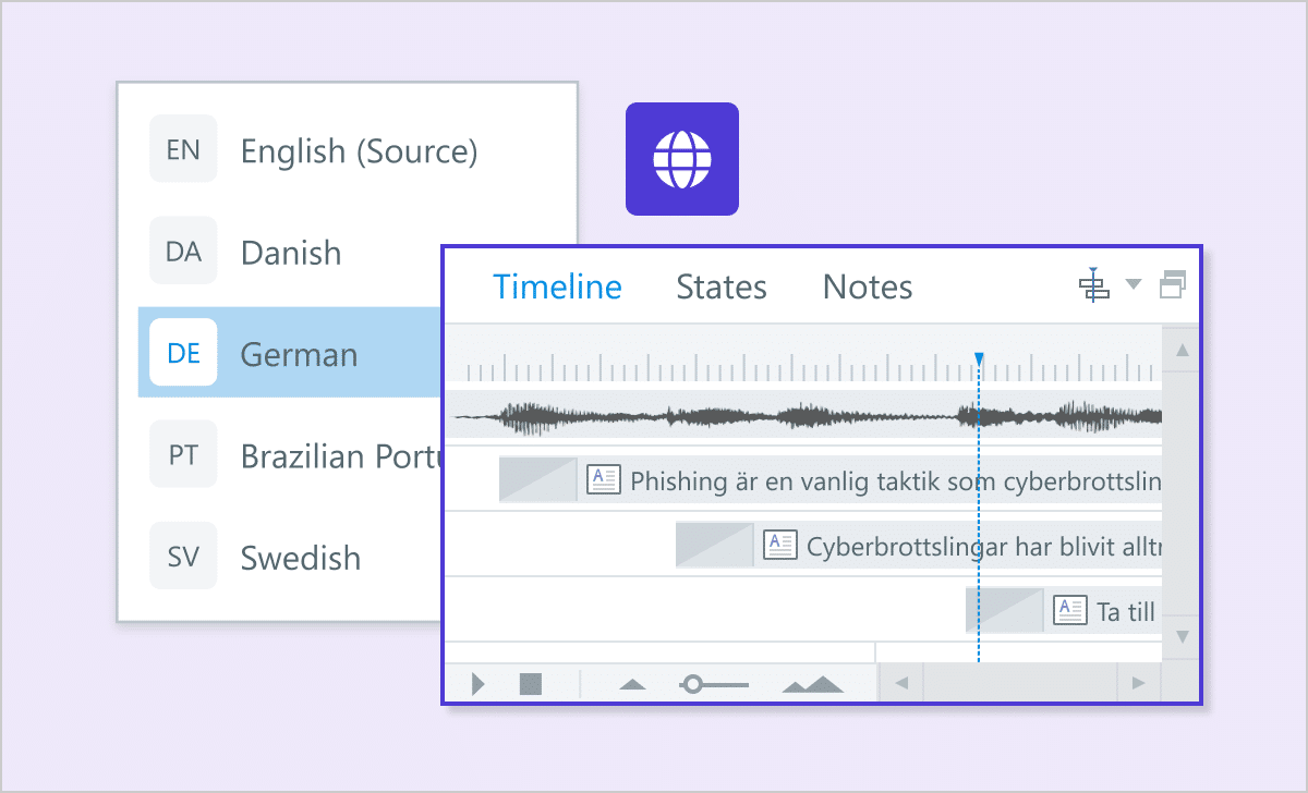 Articulate 360 interface showing that you can adjust timelines per language, with translated text and staggered layers shown in the timeline.