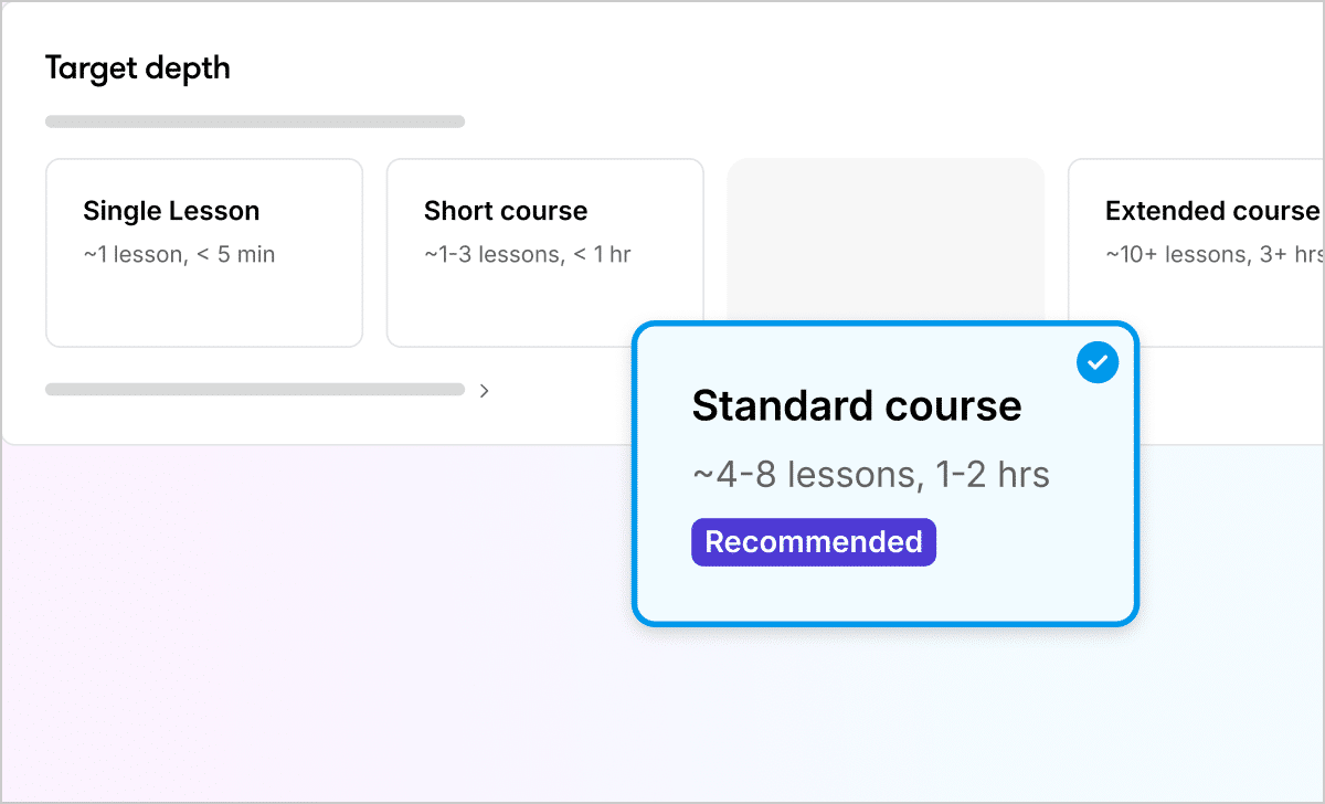 Articulate 360 interface showing that you can choose a course duration from a few options, with Standard selected and marked Recommended.