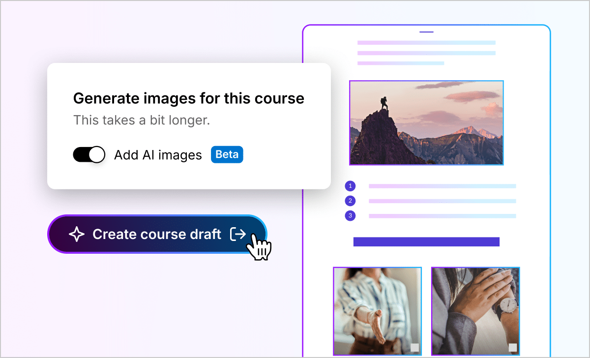 Articulate 360 interface showing the AI course generation screen with a toggle marked, “Add AI images” and a course in the background.