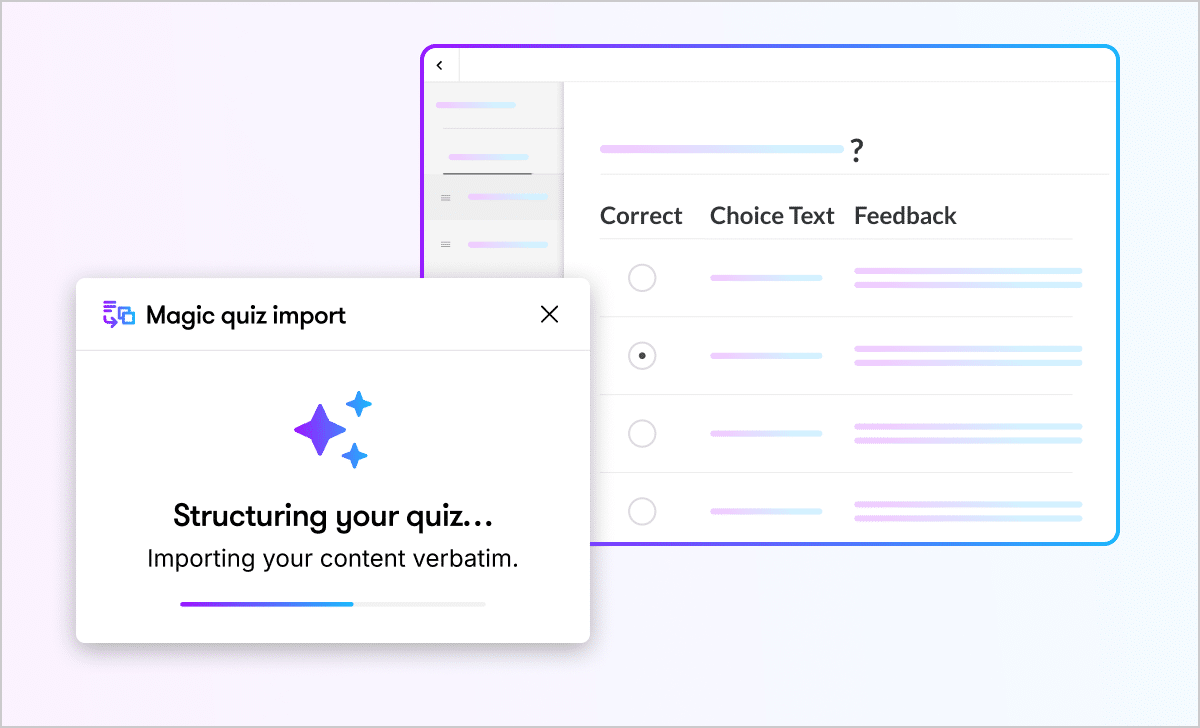 Articulate 360 interface showing a progress bar marked “uploading your content verbatim” and quiz fields populating below.