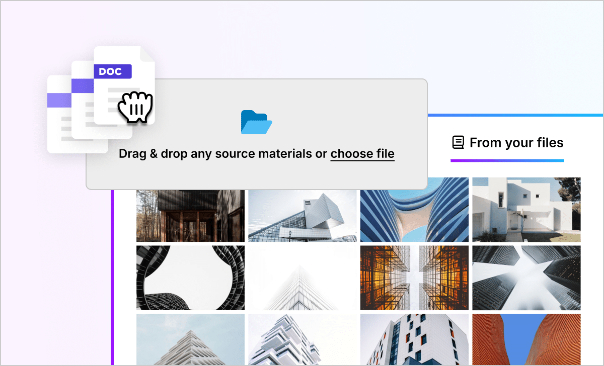 Articulate 360 interface showing that you can drag files into an upload area, with images extracted from the file and displayed below.