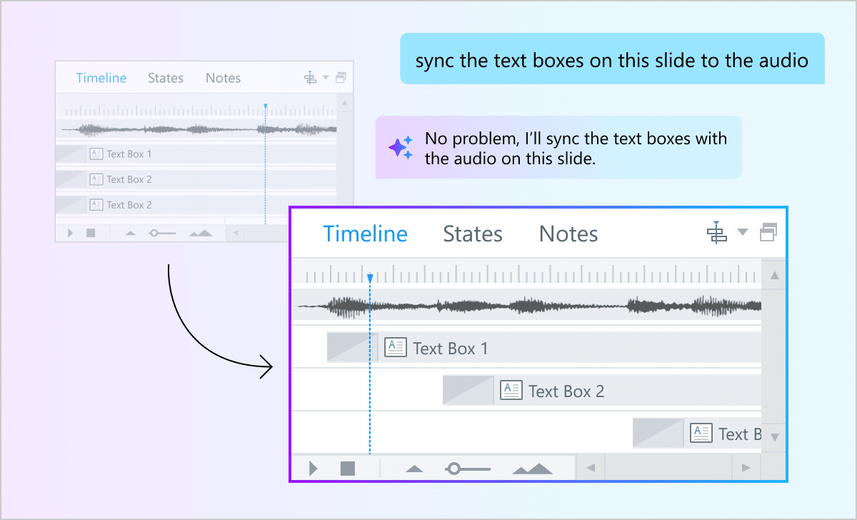 Articulate 360 interface showing that you can use AI to sync objects to audio, with the original and updated timelines shown side by side.