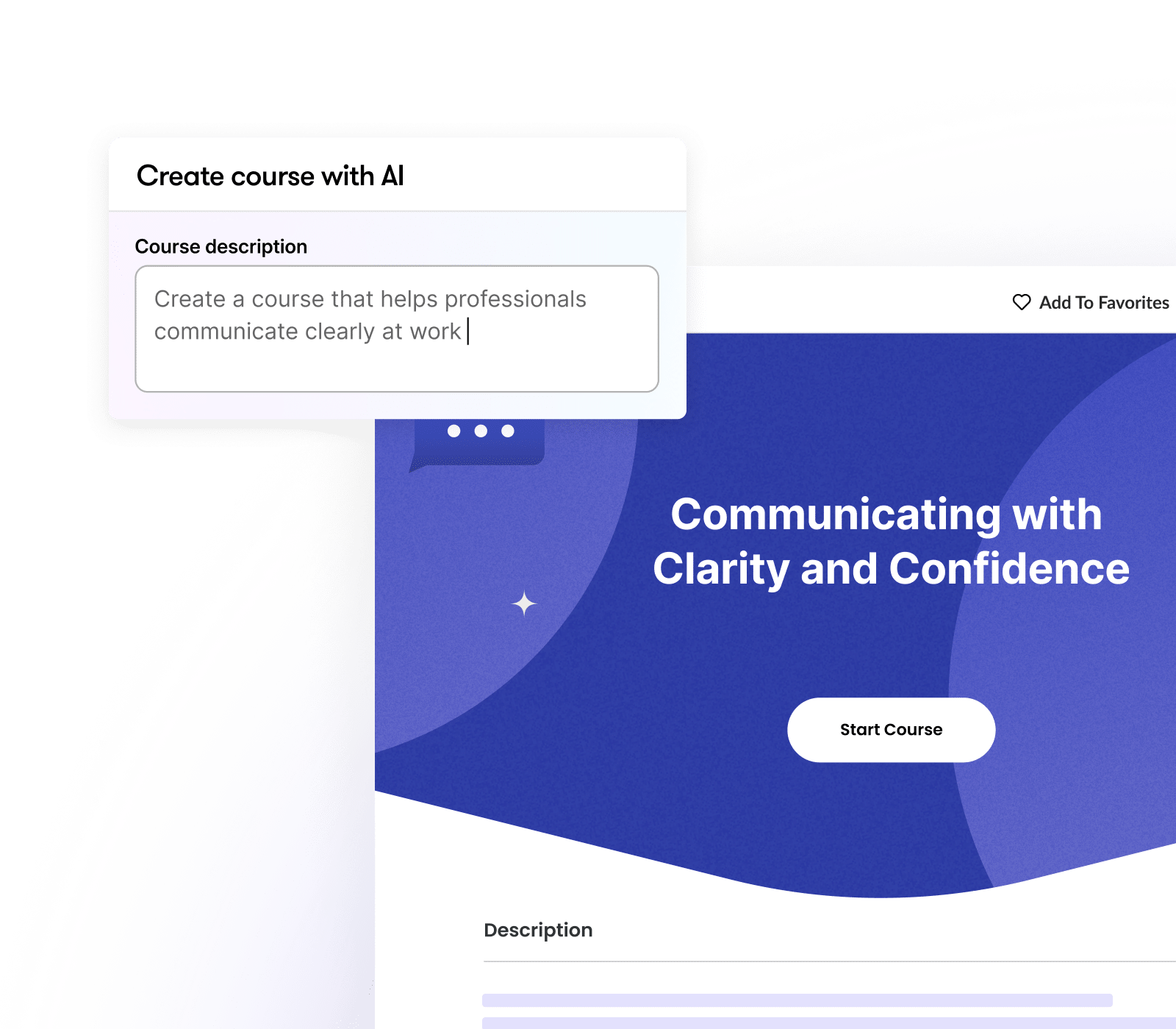 Articulate 360 interface showing that you can generate courses by entering the course description, with an example behind it.