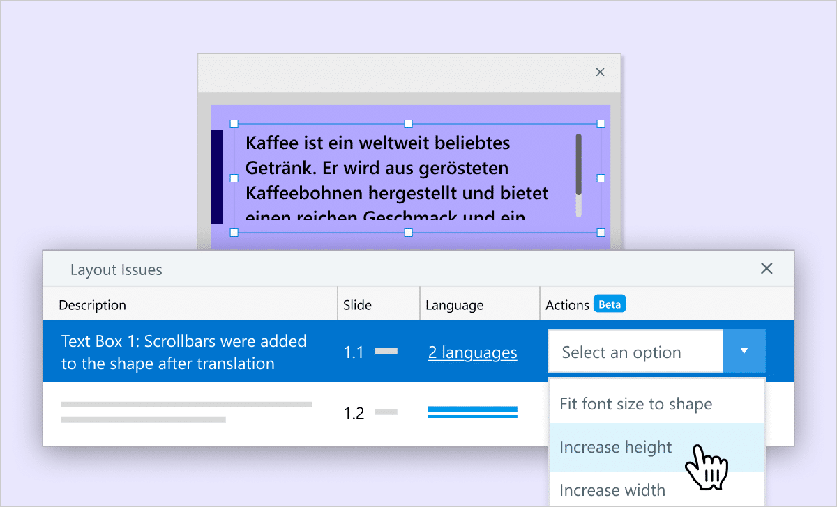 Articulate 360 interface showing the Layout Issues window with options to: Fit font size to shape and increase the height or width of the text box.