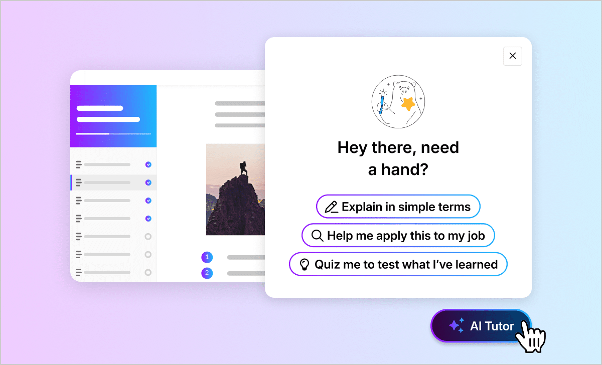 Articulate 360 interface with AI Tutor over a course, showing the Explain simply, Apply to my job, and Quiz me options.