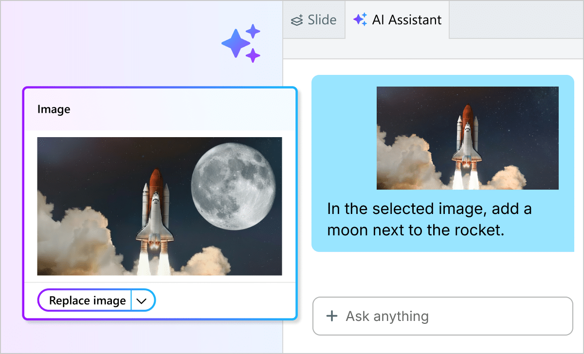 Articulate 360 interface showing an AI-generated photo of a rocket alongside a chat window with a prompt asking to add a moon next to the rocket.