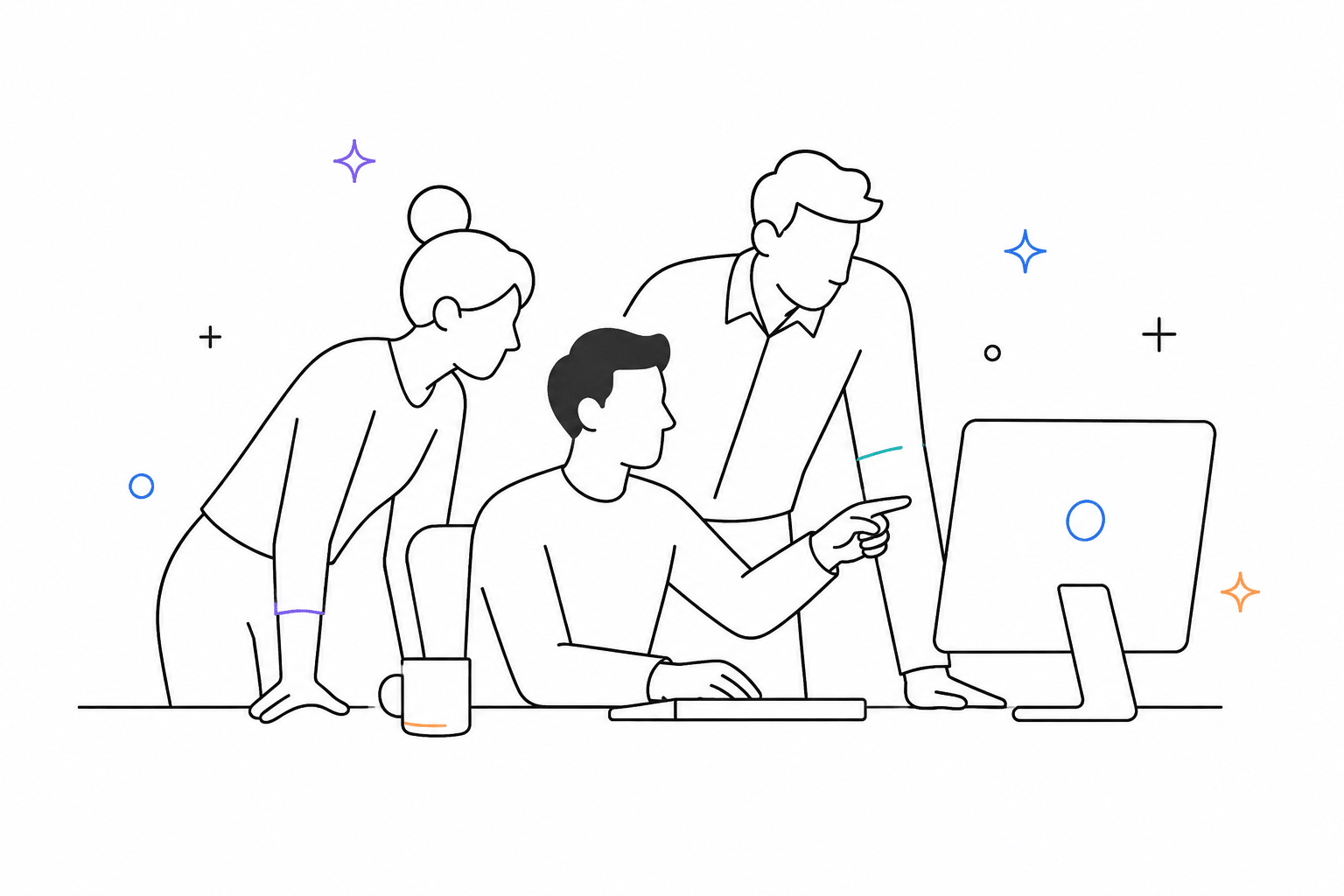 Illustrated image of people looking at a computer screen together