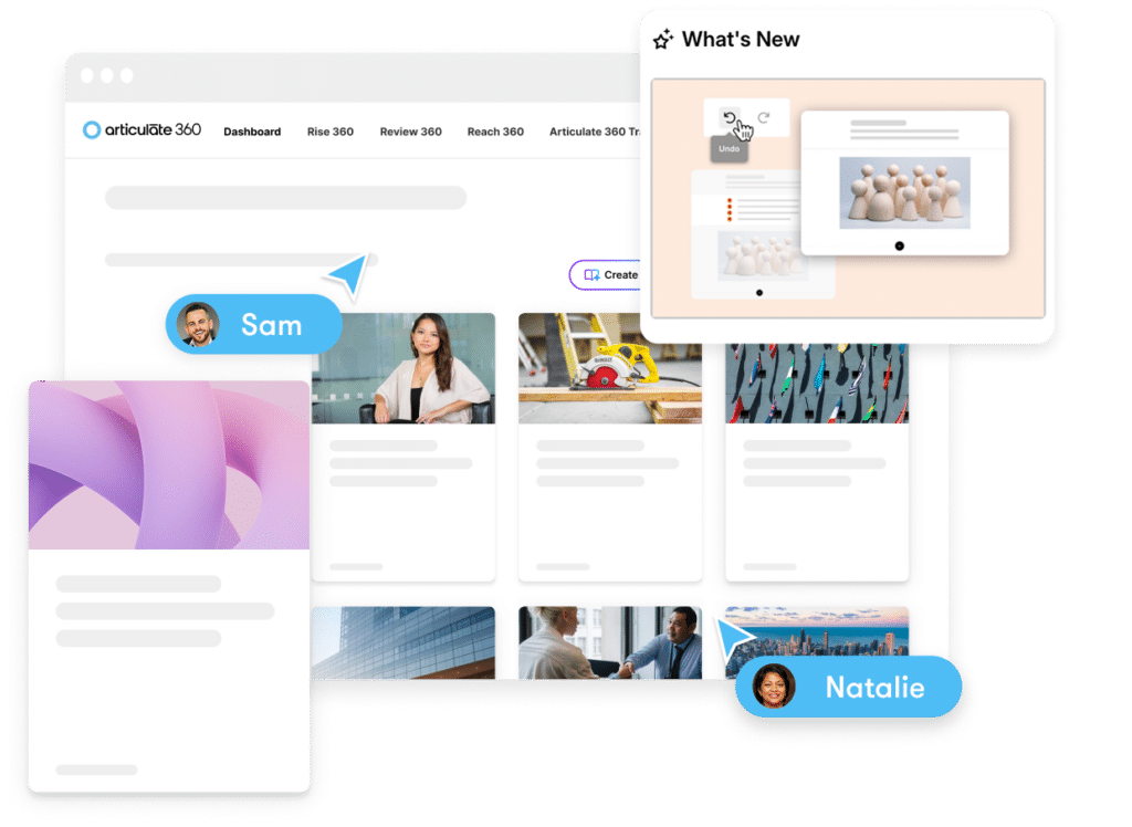 Articulate 360 interface showing team members Sam and Natalie hovering over course tiles and the undo/redo button feature announcement.