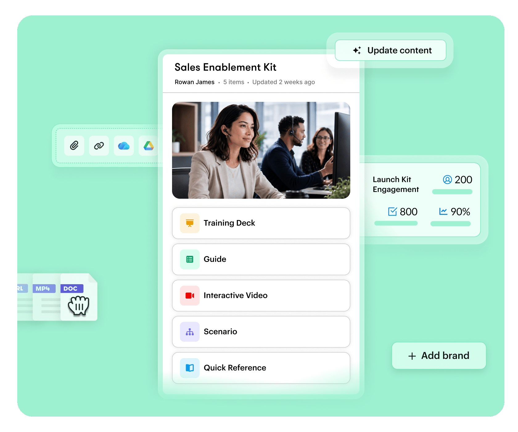 Frontline interface showing an AI-created sales enablement kit with options to update, share, and track engagement.