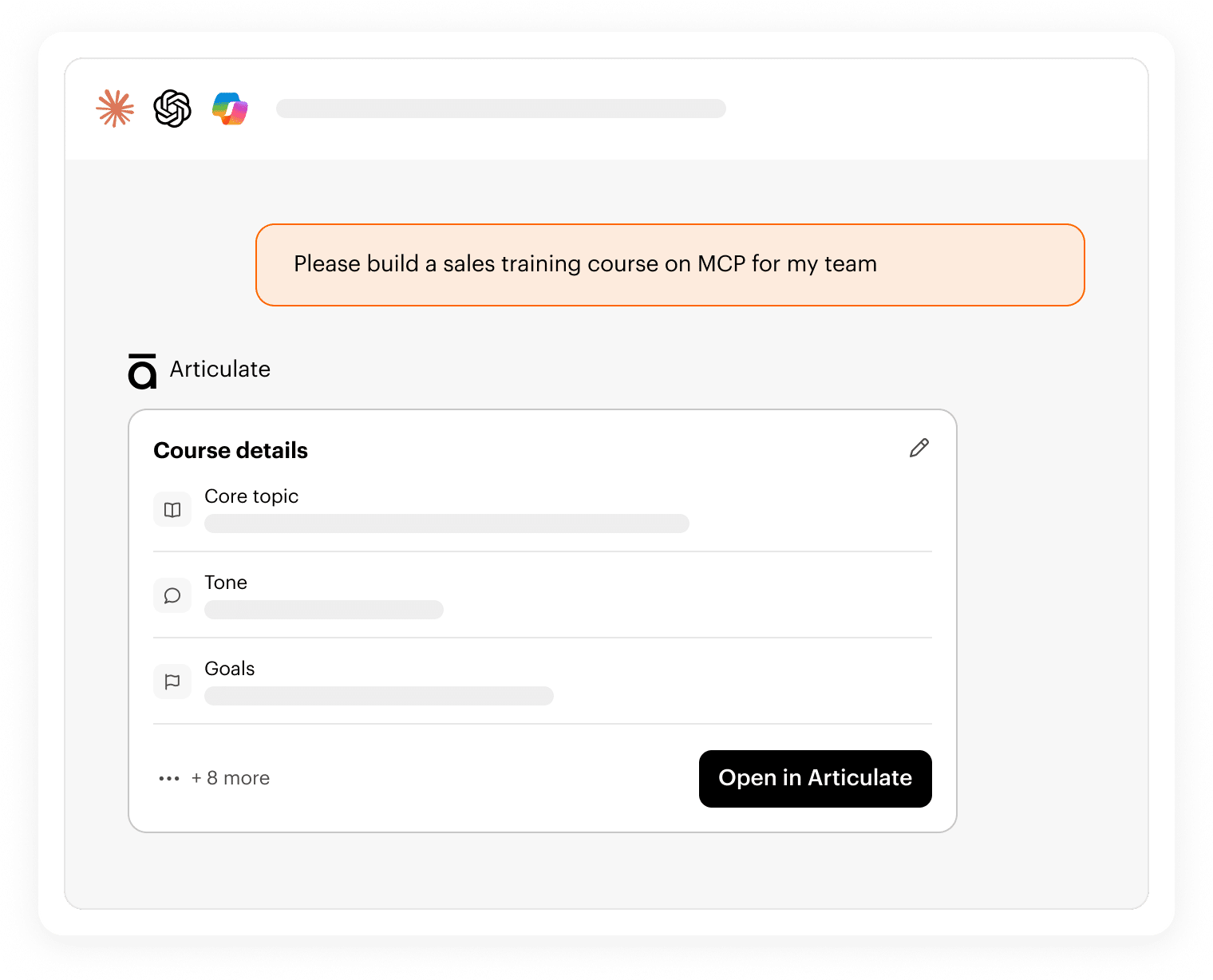 Articulate 360 interface showing the ability to connect Articulate 360 to your company’s LLM to create training.
