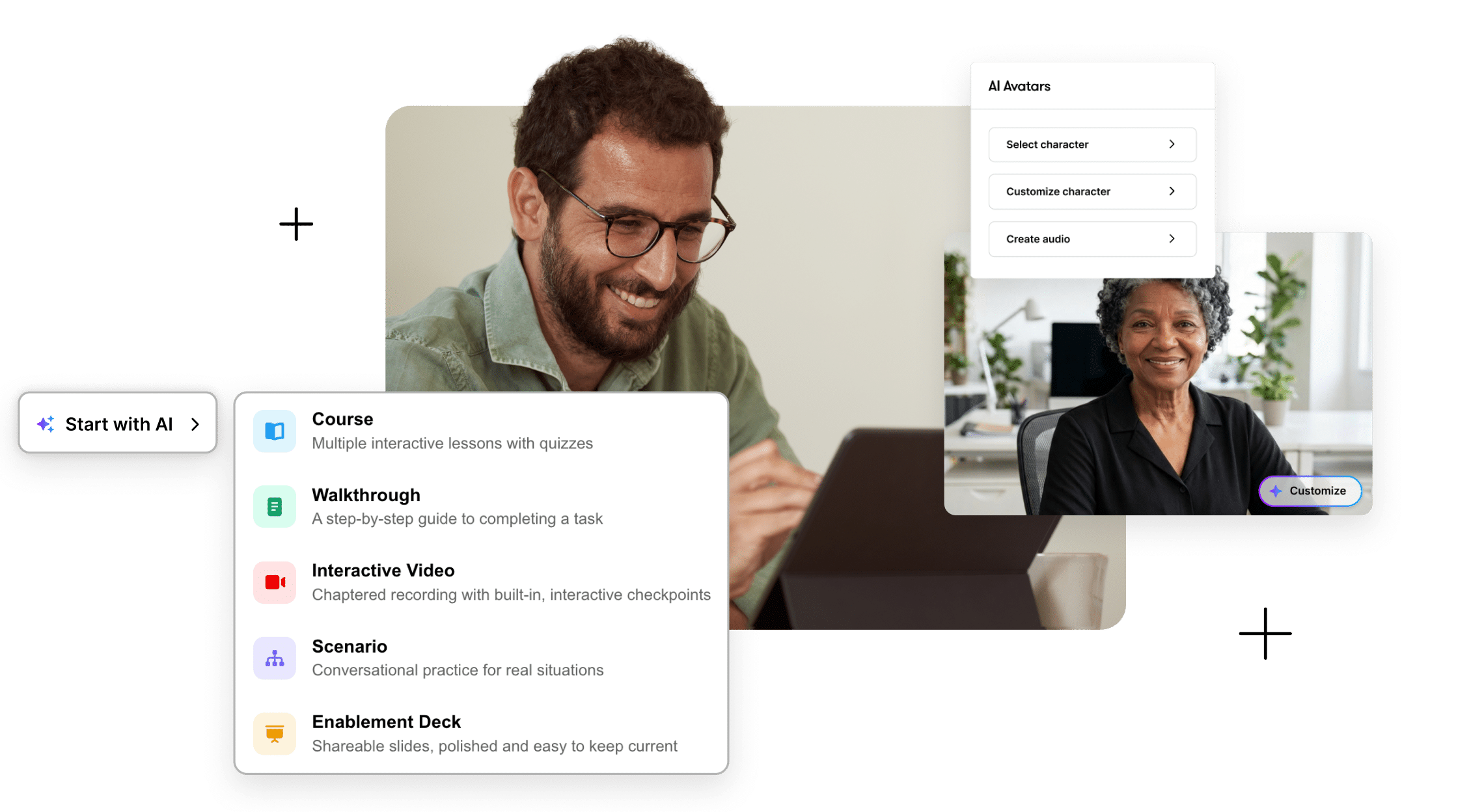 Creator smiling looking at Articulate 360 interface with option to create multiple training formats and avatar-led videos with AI.