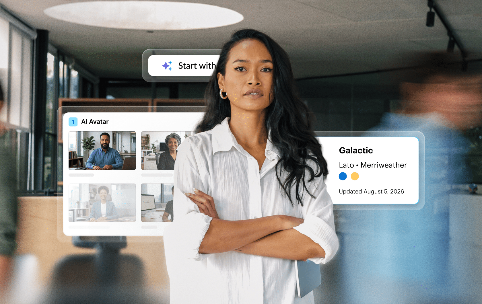 An AI avatar stands in front of the AI Avatars window, the Start with AI button, and brand settings.