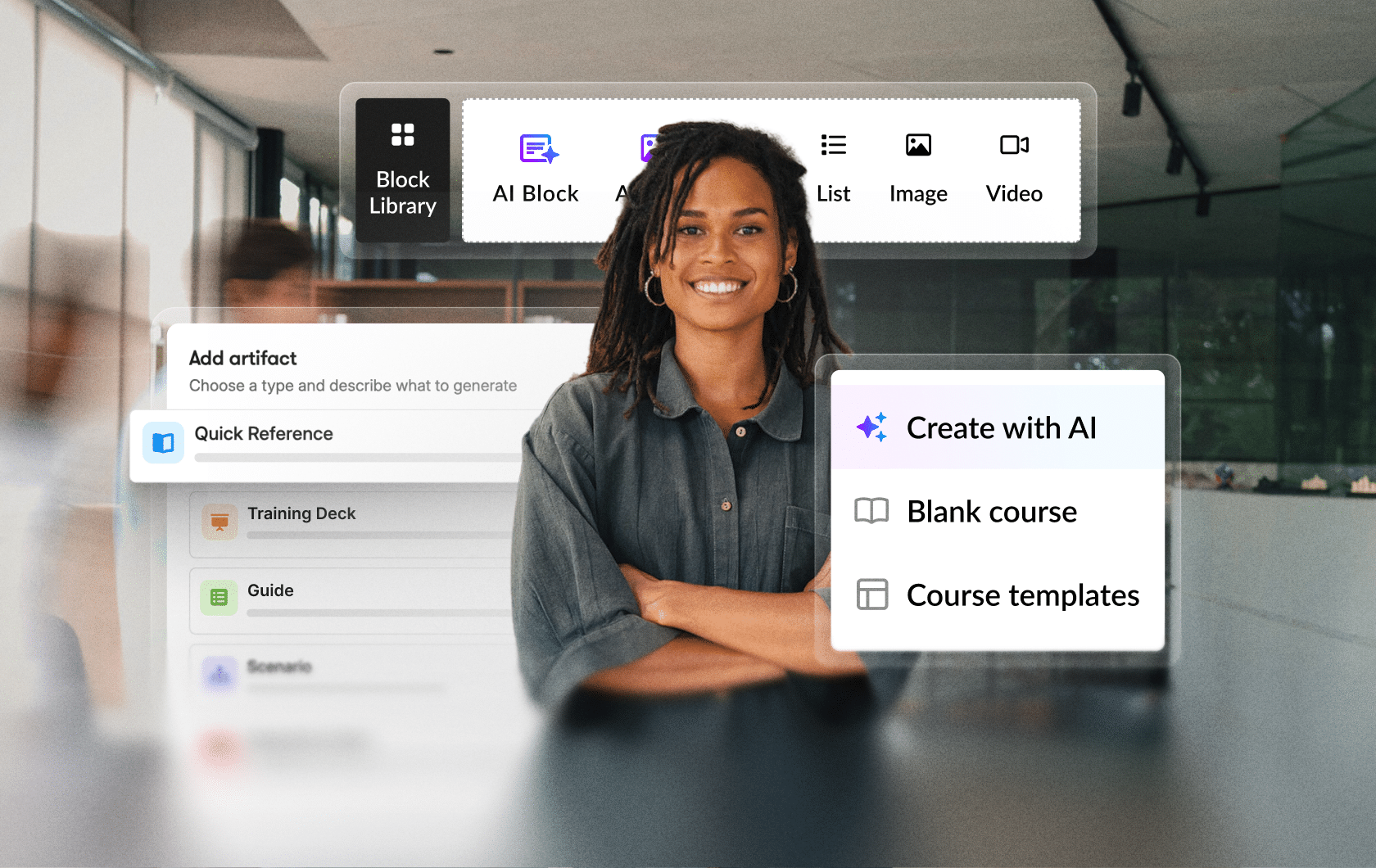 An AI avatar stands in front of the list of training formats, the insert block menu, and the options to create with AI, a blank course, or a course template.