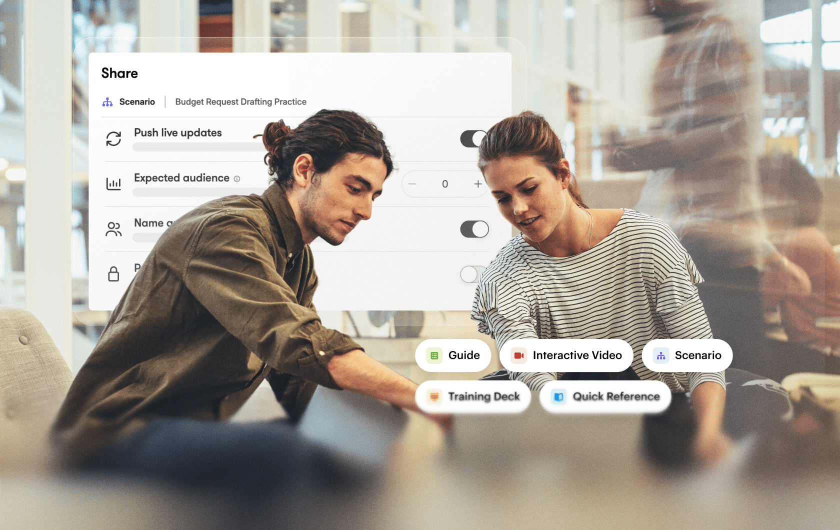 Two creators sit in front of the Quick Share dashboard and training options: Guide, interactive video, scenario, training deck, and quick reference.
