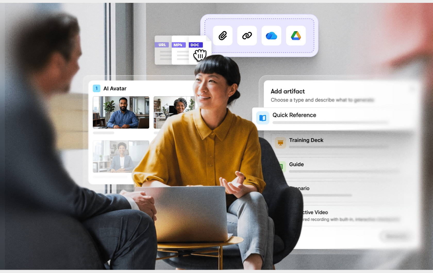 Two creators sit in front of content upload options: Attach file, share link, and connect to Google Drive and OneDrive.