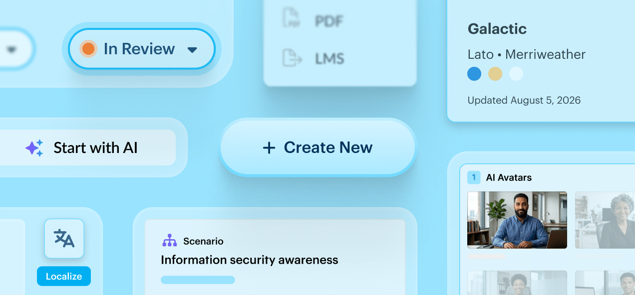 Articulate 360 interface showing collaboration, AI course draft generation, AI Avatar videos, and more.