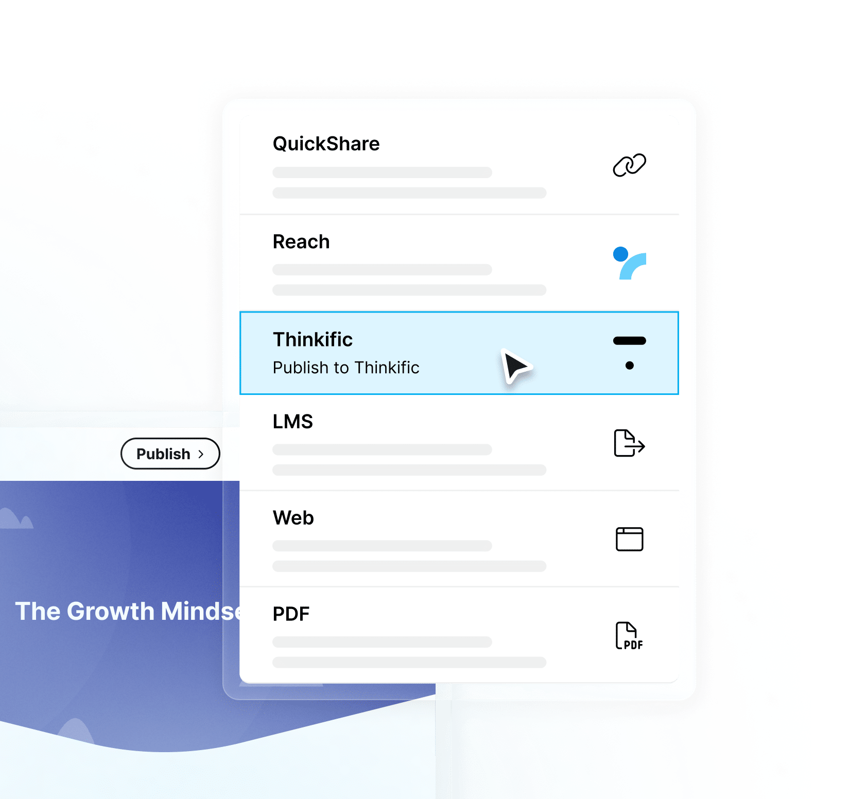 Articulate 360 interface showing the ability to publish and distribute training directly to Thinkific.
