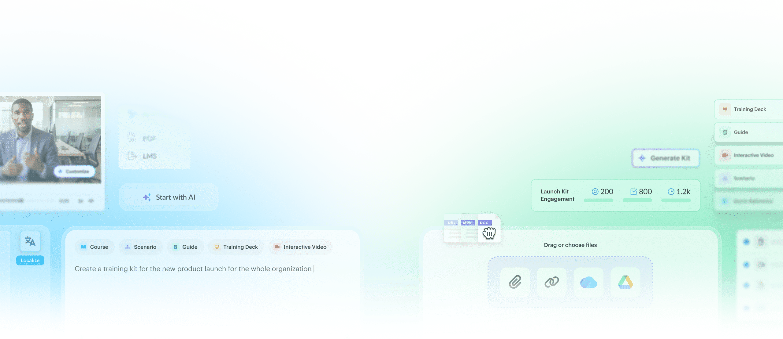 Side-by-side of the Articulate 360 AI and Frontline interfaces showing options to generate and localize training with AI, track engagement, and more.