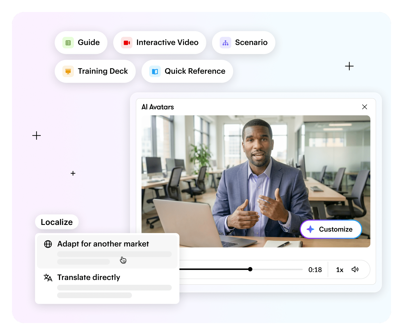 Articulate 360 interface with options to create and localize guides, interactive videos, scenarios, training decks, and quick references.