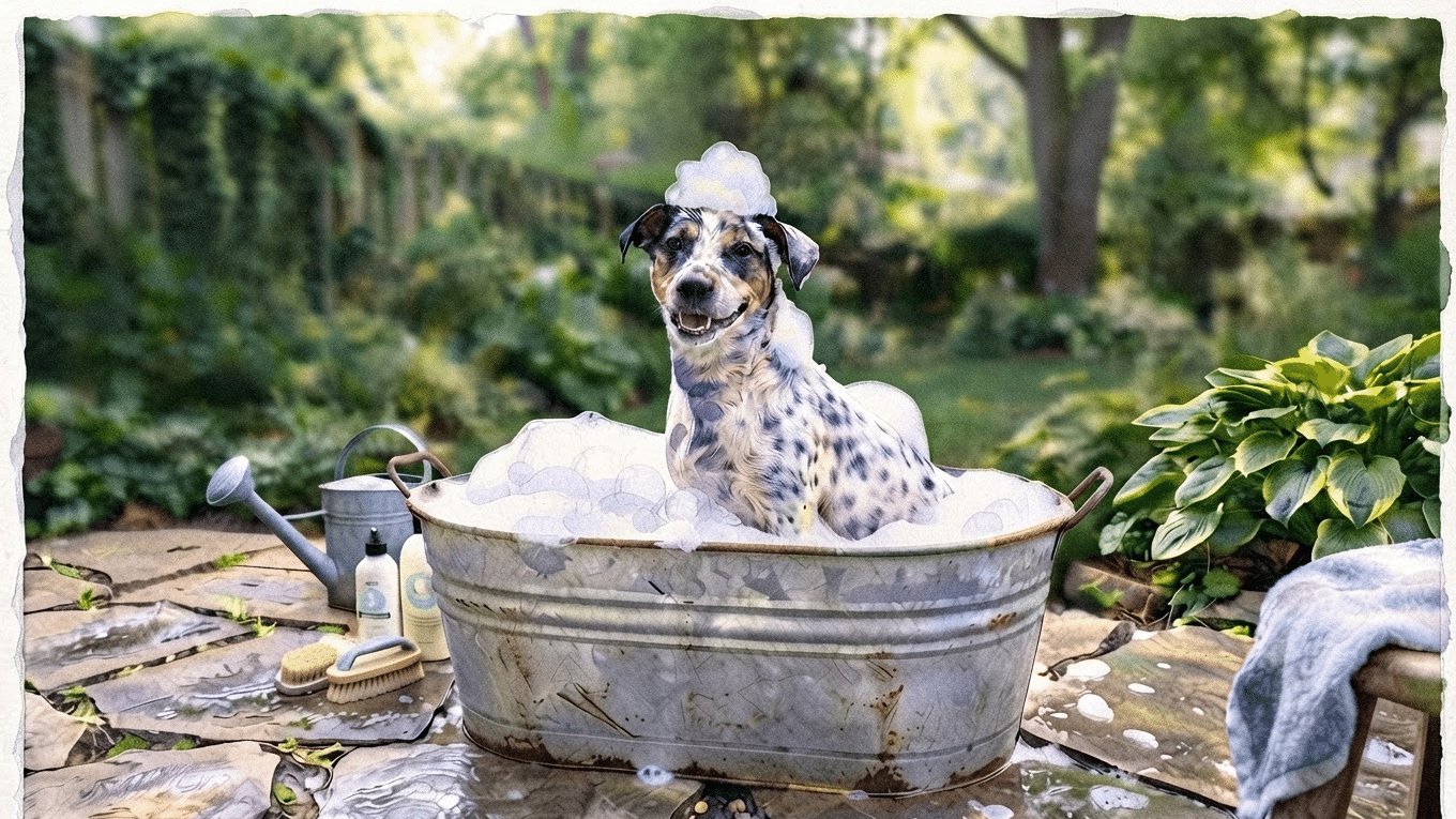 An AI-generated photo-realistic style with a watercolor filter shows a dog in a vintage bathtub in a lush green garden. The dog has purple spots, a playful expression, and is covered in soap suds.