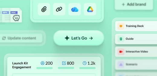 Product UI collage representing actions in Frontline: Drag and drop docs, import from integrated tools, generate kit including training deck, guide, and video, an analytics dashboard and “let’s go” button.