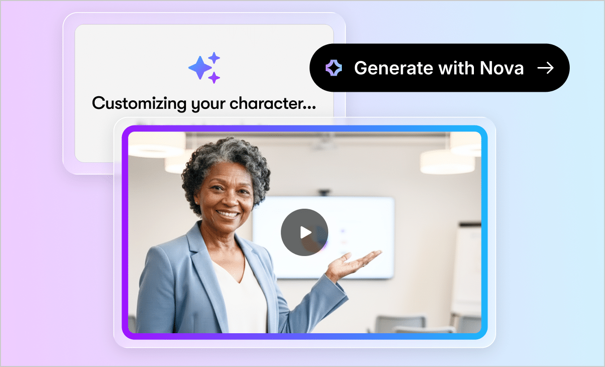 Articulate 360 interface showing a preview of an AI-generated video character, with a button that prompts users to use credits to create their avatar.