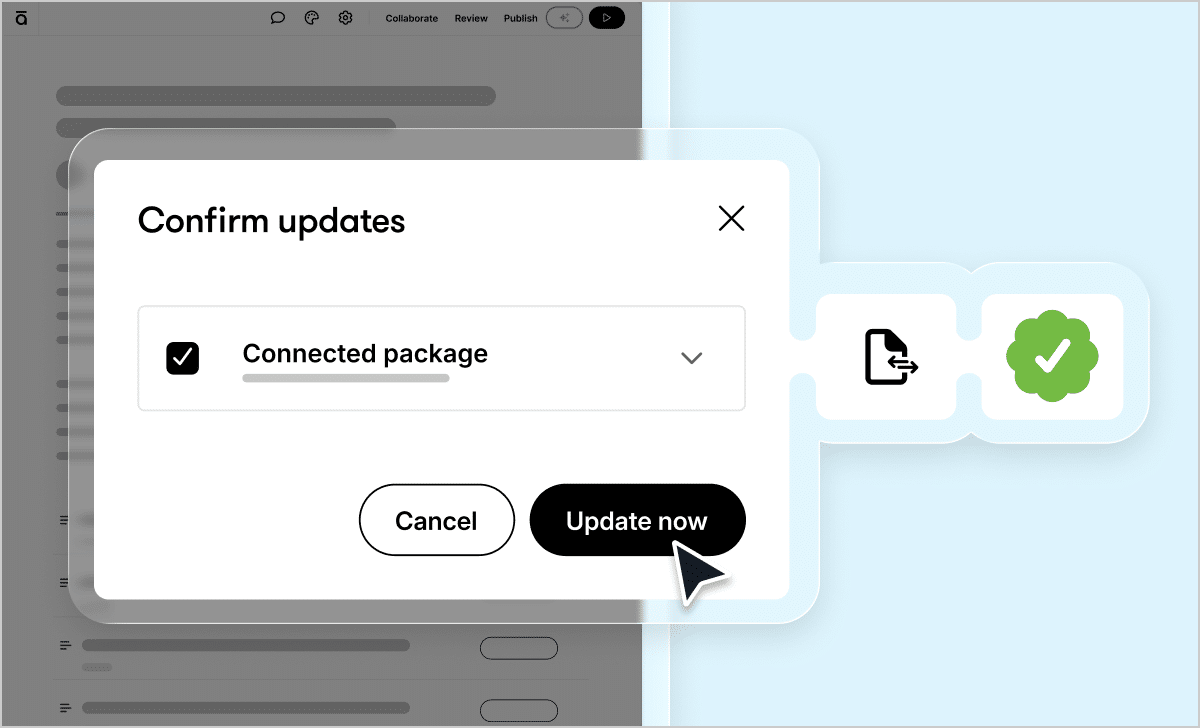 A creator updating training in Articulate 360 AI inside a Confirm updates popup window, showing an Update now button alongside icons representing a file syncing and updating successfully to the connected LMS.
