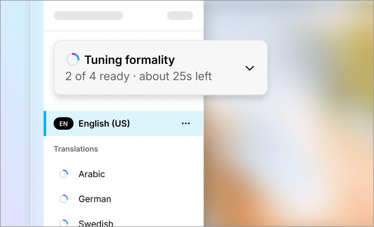 Articulate 360 interface that shows an in-process language translation of formal pronouns, titles, and conjugations from English to Arabic, German, and Swedish.