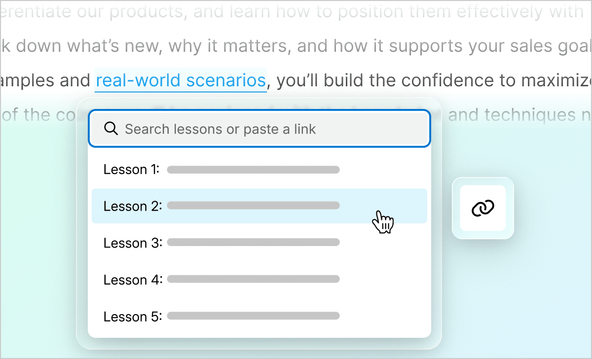 Articulate 360 interface showing how creators can select text and link to a related piece of content or lesson for reference.