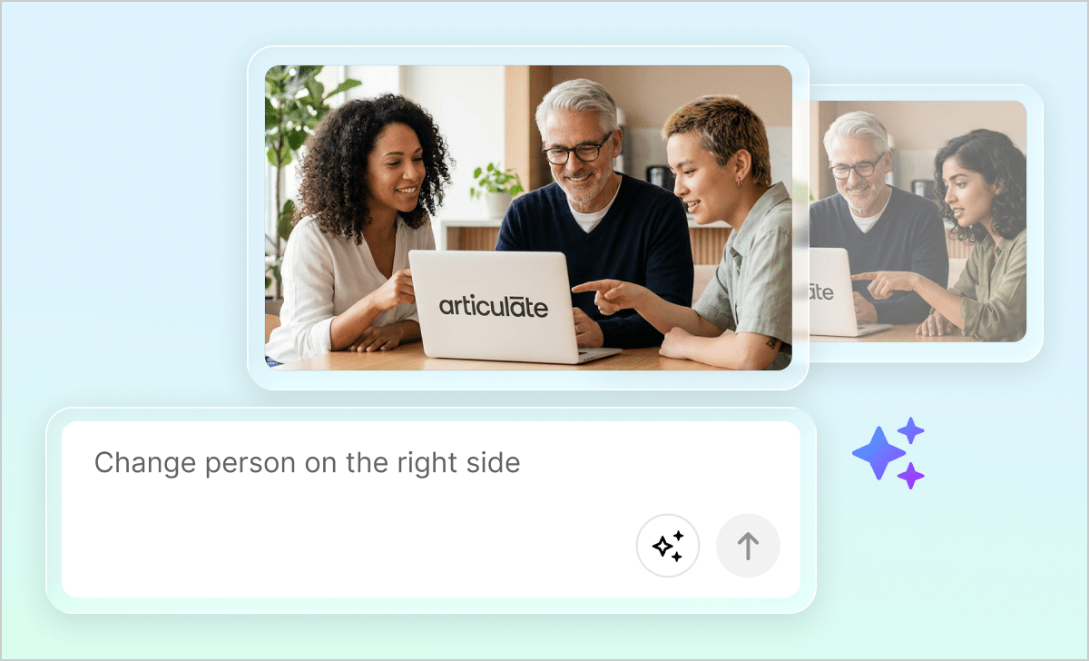 Articulate 360 interface showing a prompt that has changed the person on the right in an AI-generated photo of three people at a laptop, with the edited image shown alongside the original for comparison.