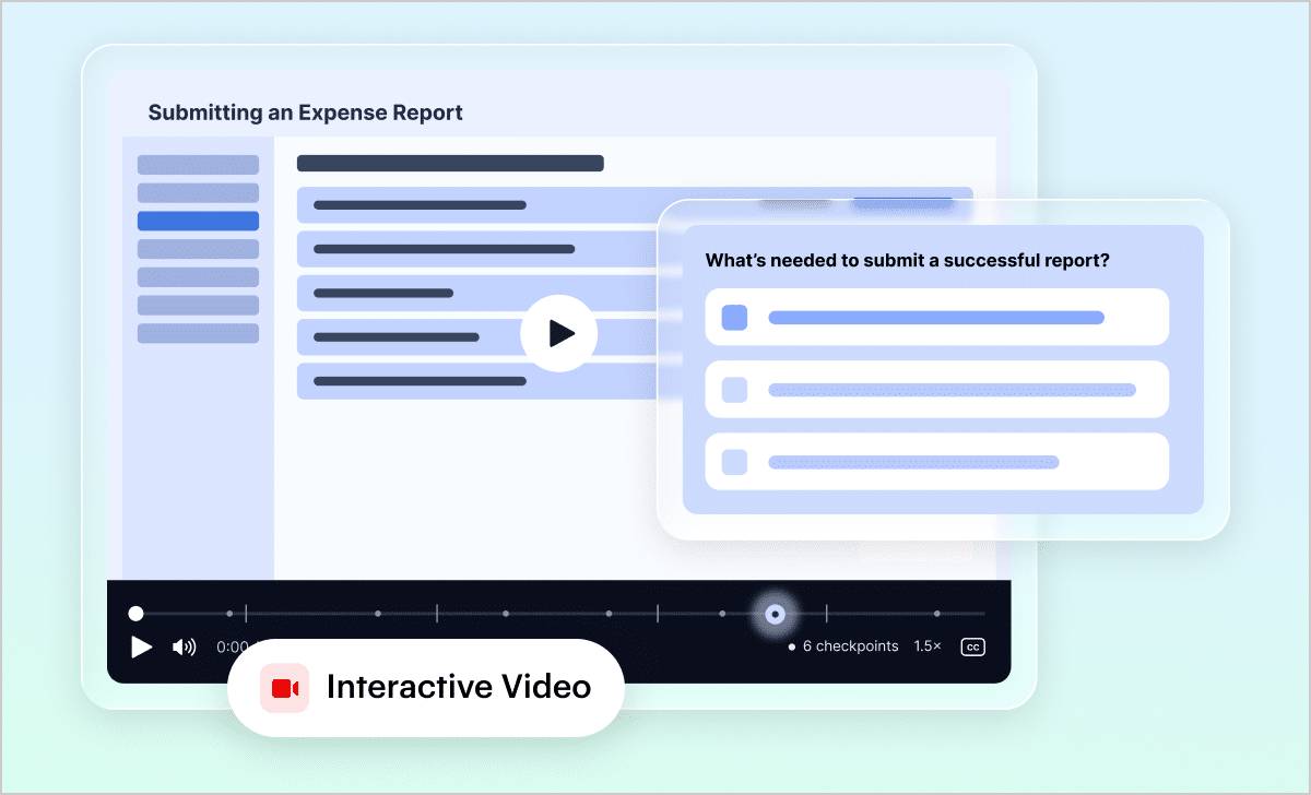Articulate 360 interface showing a pop-up quiz over an interactive training video, prompting viewers to answer a question related to its content.