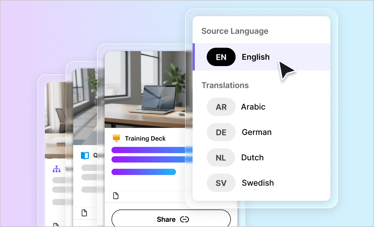 Articulate 360 interface showing a button that allows creators to translate languages across multiple different content formats, including Training Decks, Quick Reference, and Scenarios.