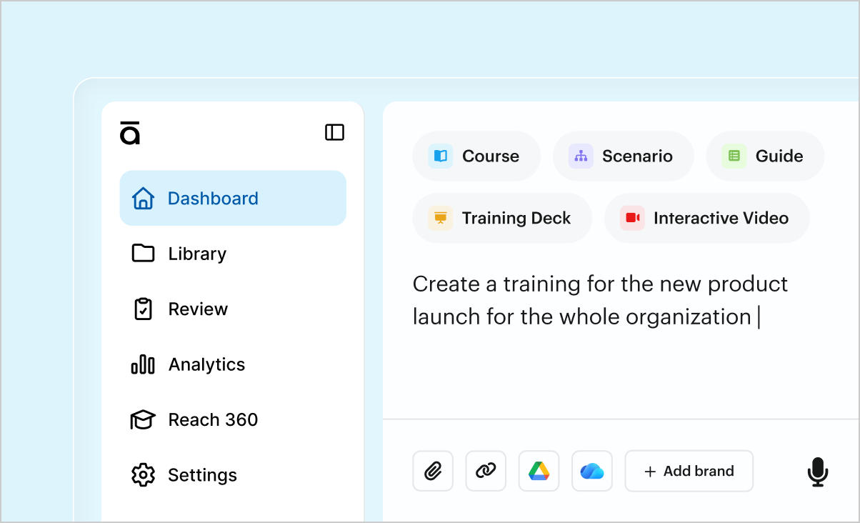 Articulate 360 AI dashboard showing quick-start prompt options including Course, Scenario, Guide, Training Deck, and Interactive Video.