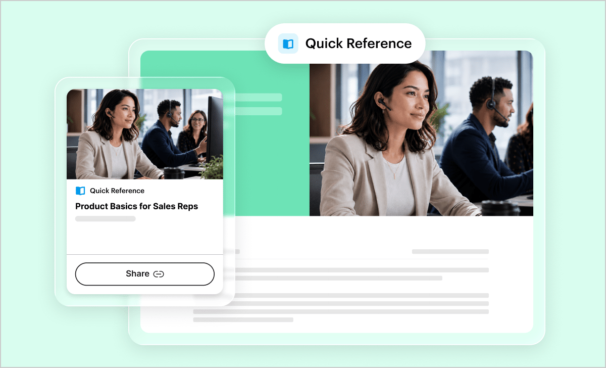 Frontline interface with Quick Reference over a full-screen rendering of the same feature, showing a button that lets creators share a link to the training.