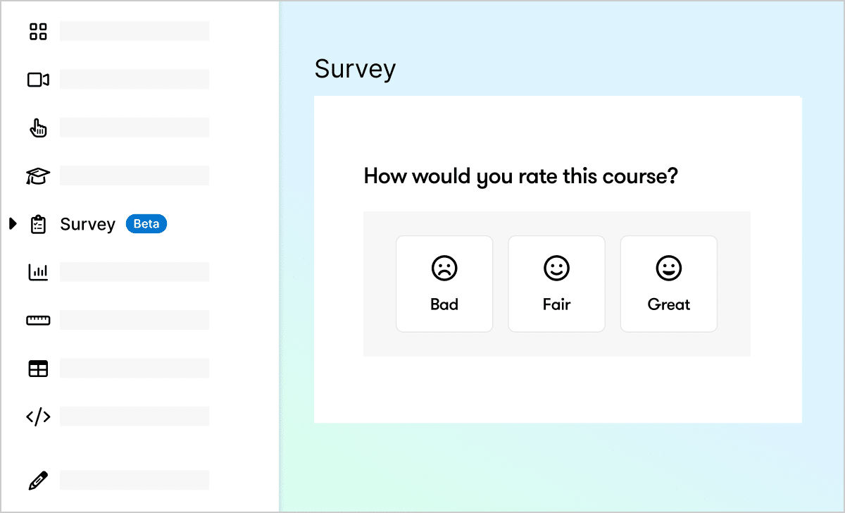 Articulate 360 interface showing a Survey Block prompting learners to rate the course bad, fair, or great.