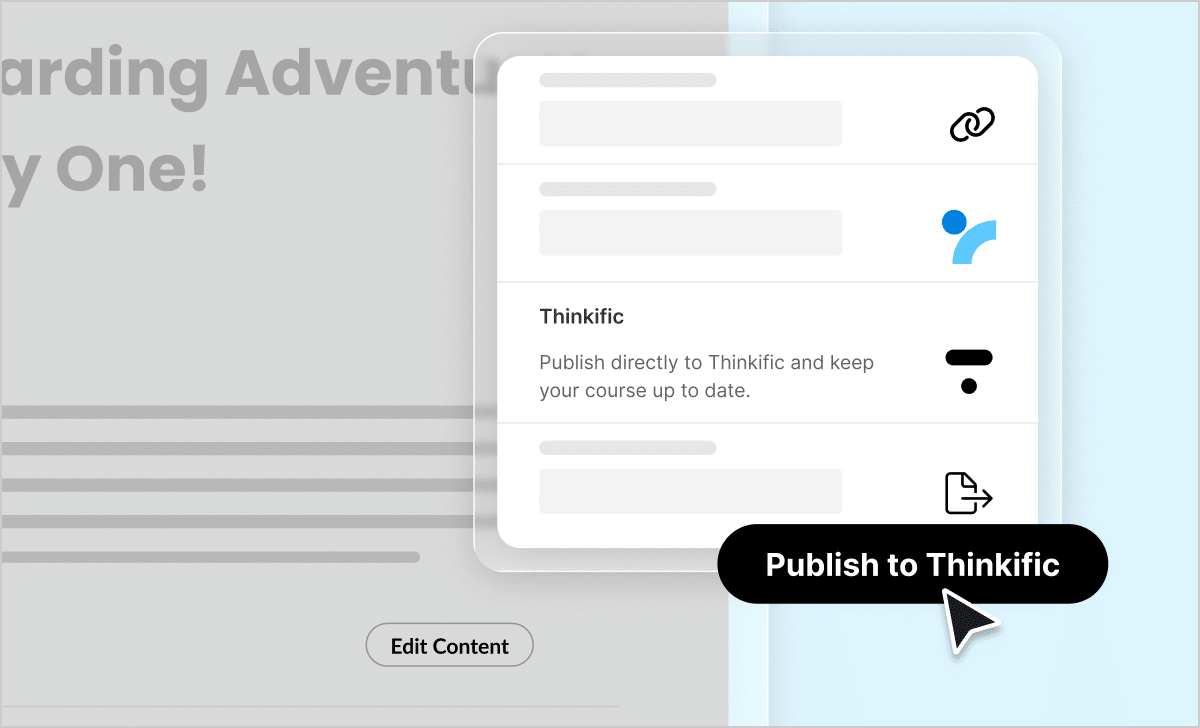 Articulate 360 AI interface showing a button that allows creators to publish training directly to Thinkific.
