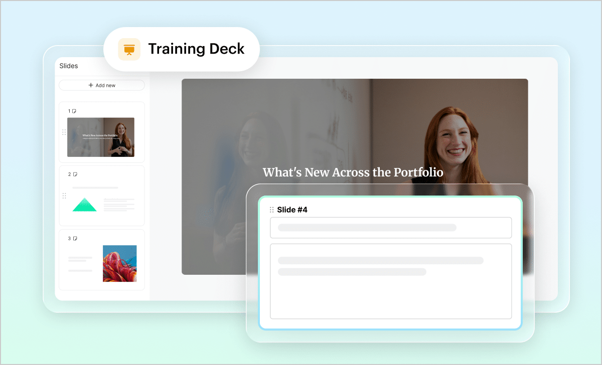 A creator making a training deck in Articulate 360, showing how to add content to a slide.