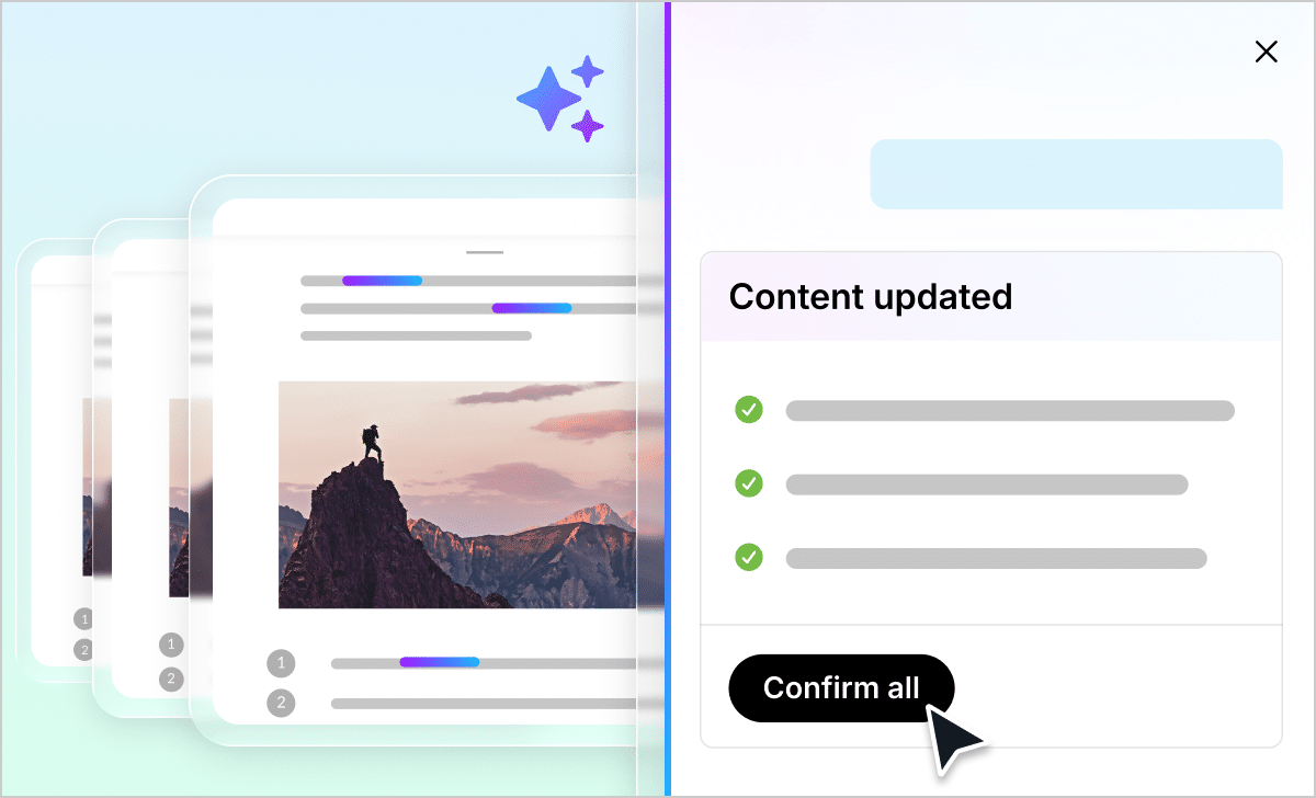 A creator updating content in Articulate 360 with AI on one side, with the courses being automatically updated on the left.