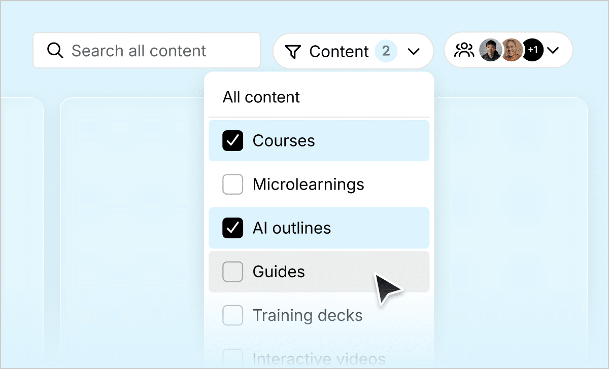 Articulate 360 AI interface showing different filtering options for content, such as owner and content type, including Courses, Microlearnings, AI outlines, Guides, Training Decks, and Interactive Videos.